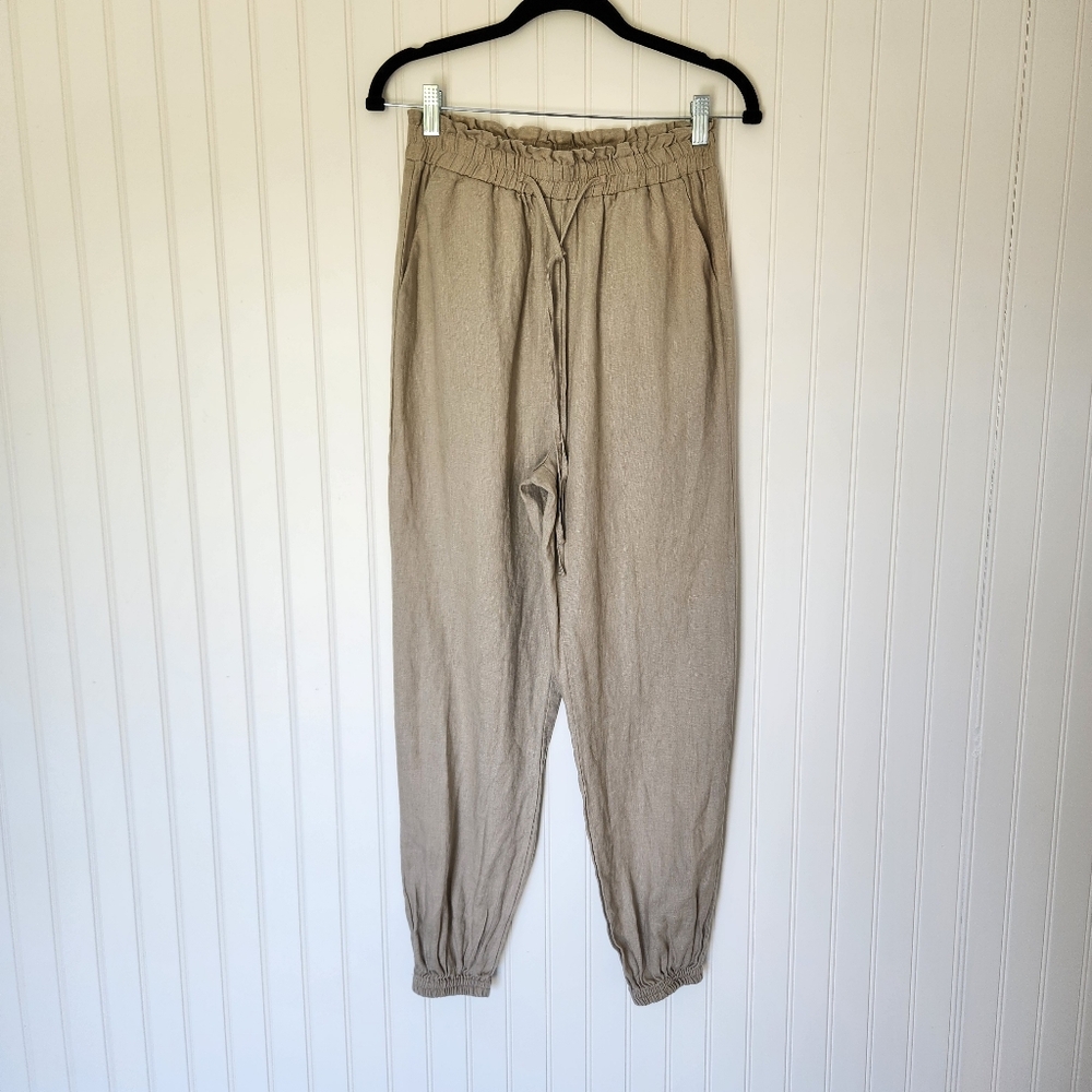 SILK & SALT Khaki Tan Boho 100% Linen Elastic Pull On Jogger Pants Small